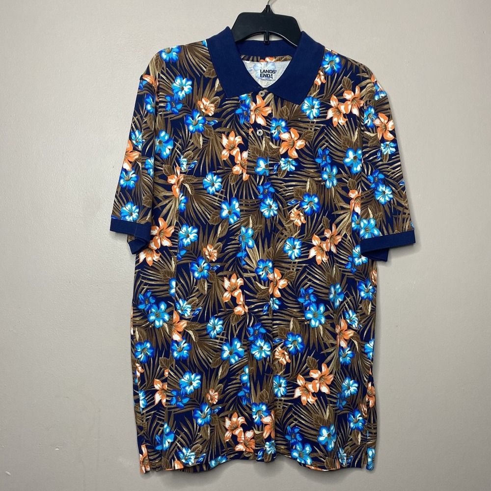 Lands' End Tropical Blue Floral Polo Shirt Traditional Fit Men's Size L 42-44